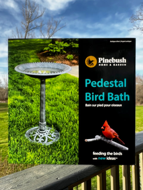 New - Birdbath - Polyresin - Antique Silver