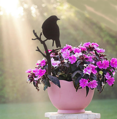 New - Bird on a Branch - Metal Art Planter Stakes - 2 Pack