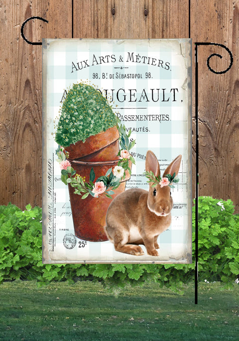 Rabbits With Clay Pots Garden Flag
