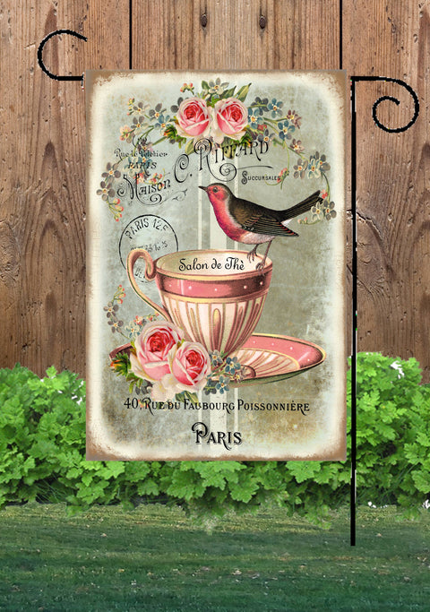 Birds in Pink Tea Cup Garden Flag