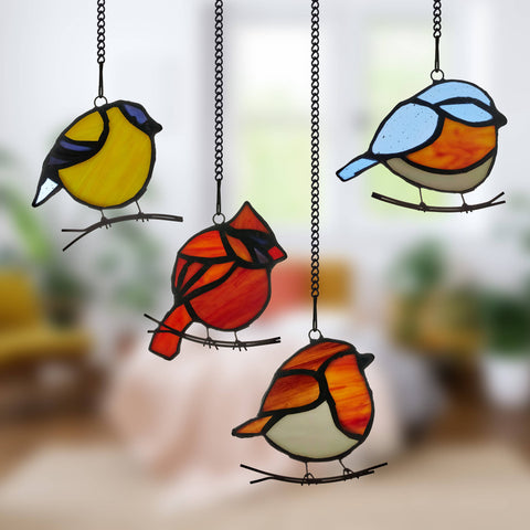 NEW - Stained Glass Window Panel Set - Bird Quartet 4.5"H