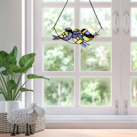 New - Stained Glass Window Panel - Peyton Blue Three Birds 4.5"H