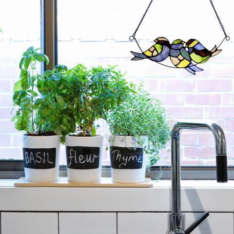 New - Stained Glass Window Panel - Peyton Blue Three Birds 4.5"H