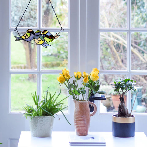 New - Stained Glass Window Panel - Peyton Blue Three Birds 4.5"H