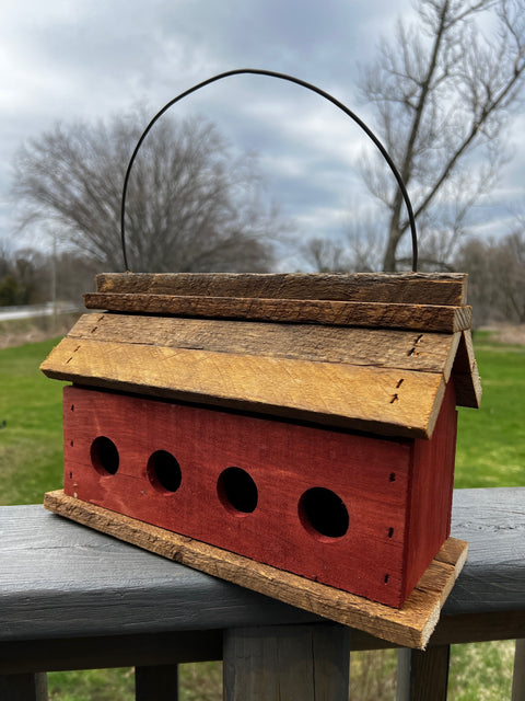 New - 4 Hole Nesting Box - Solid Wood Birdhouse - Red Wash