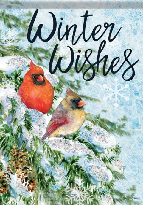 Winter Wishes Snowy Pines & Cardinals "Glitter" - Winter Garden Flag