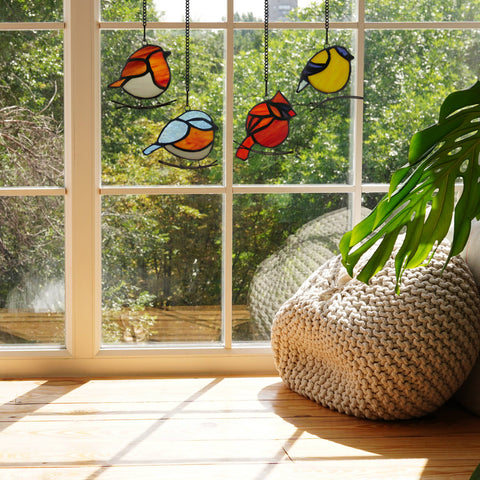 NEW - Stained Glass Window Panel Set - Bird Quartet 4.5"H