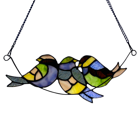 New - Stained Glass Window Panel - Peyton Blue Three Birds 4.5"H