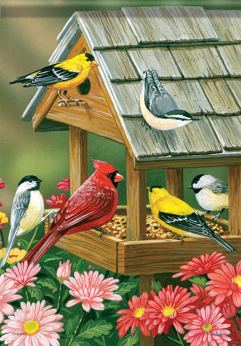 Drapeau de jardin de réunion de mangeoire à oiseaux
